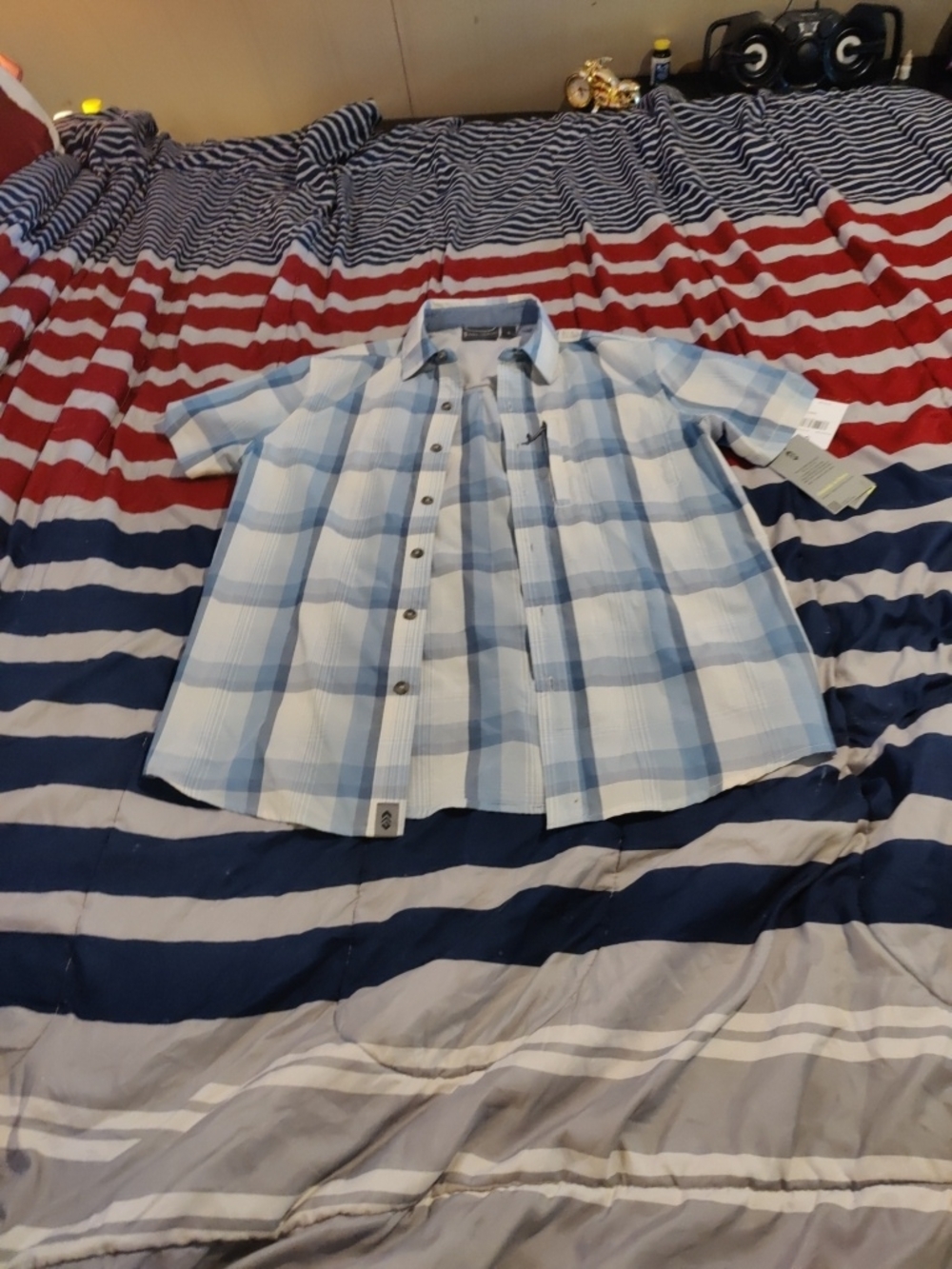 NWT Man Originally$72.50 Light Blue & White Plaid Short Sleeve Button-Up